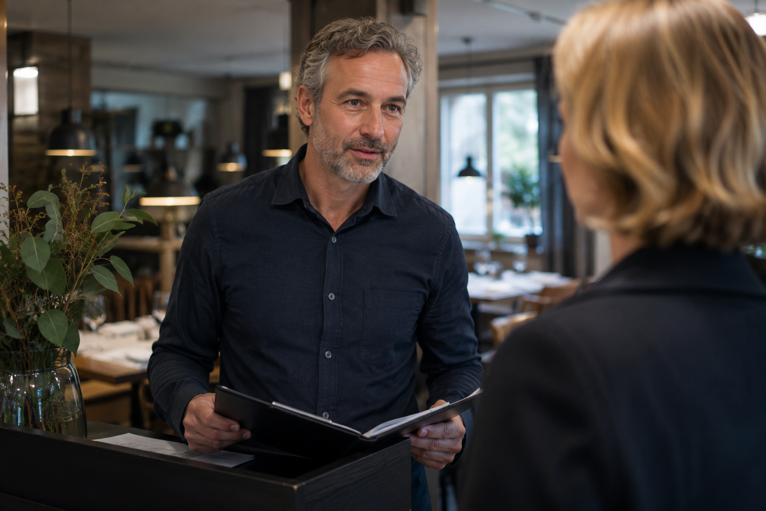 Gastraum eines kleinen Restaurants mit gedeckten Tischen